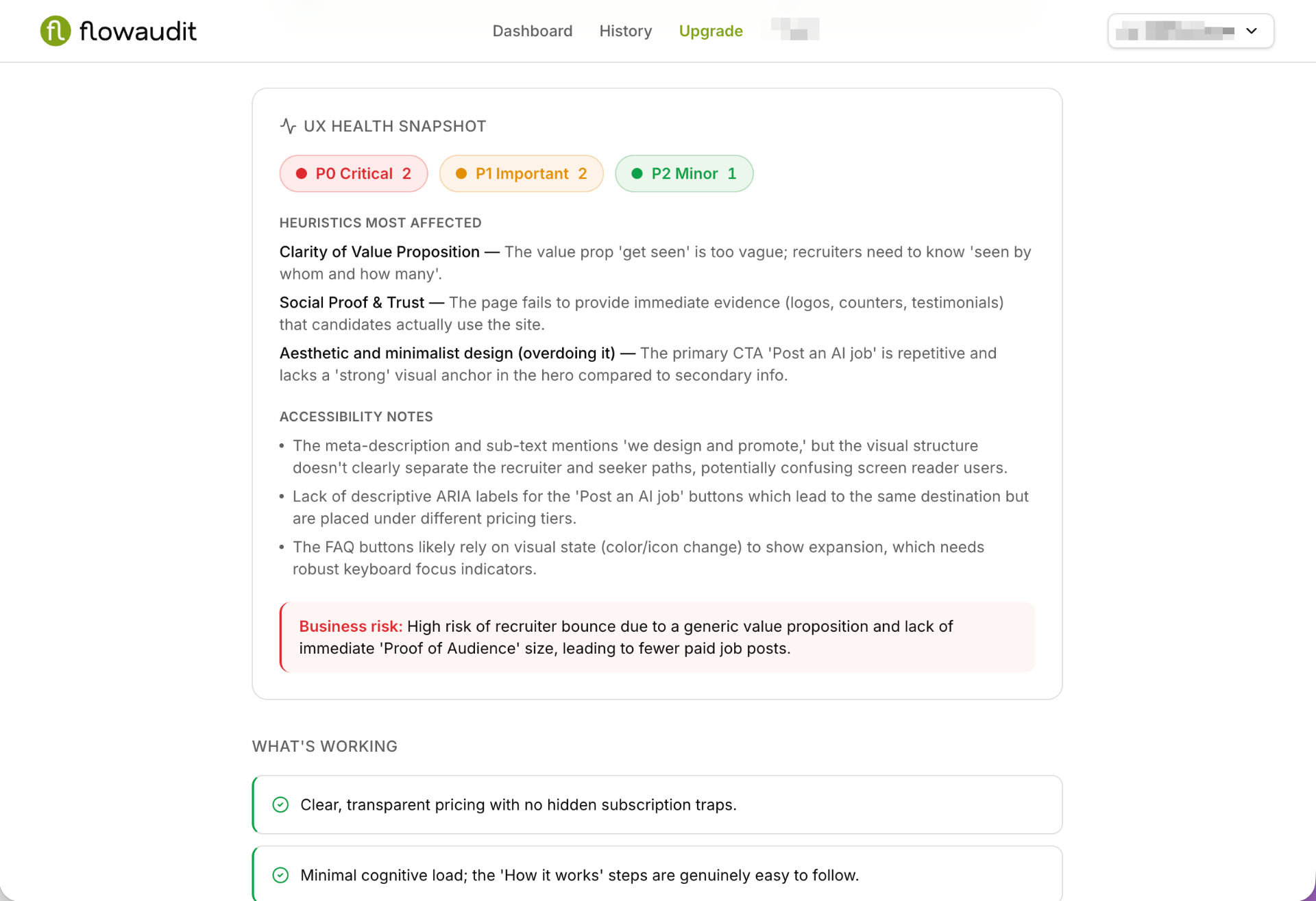 FlowAudit UX health snapshot showing P0/P1/P2 counts, affected heuristics, and business risk.