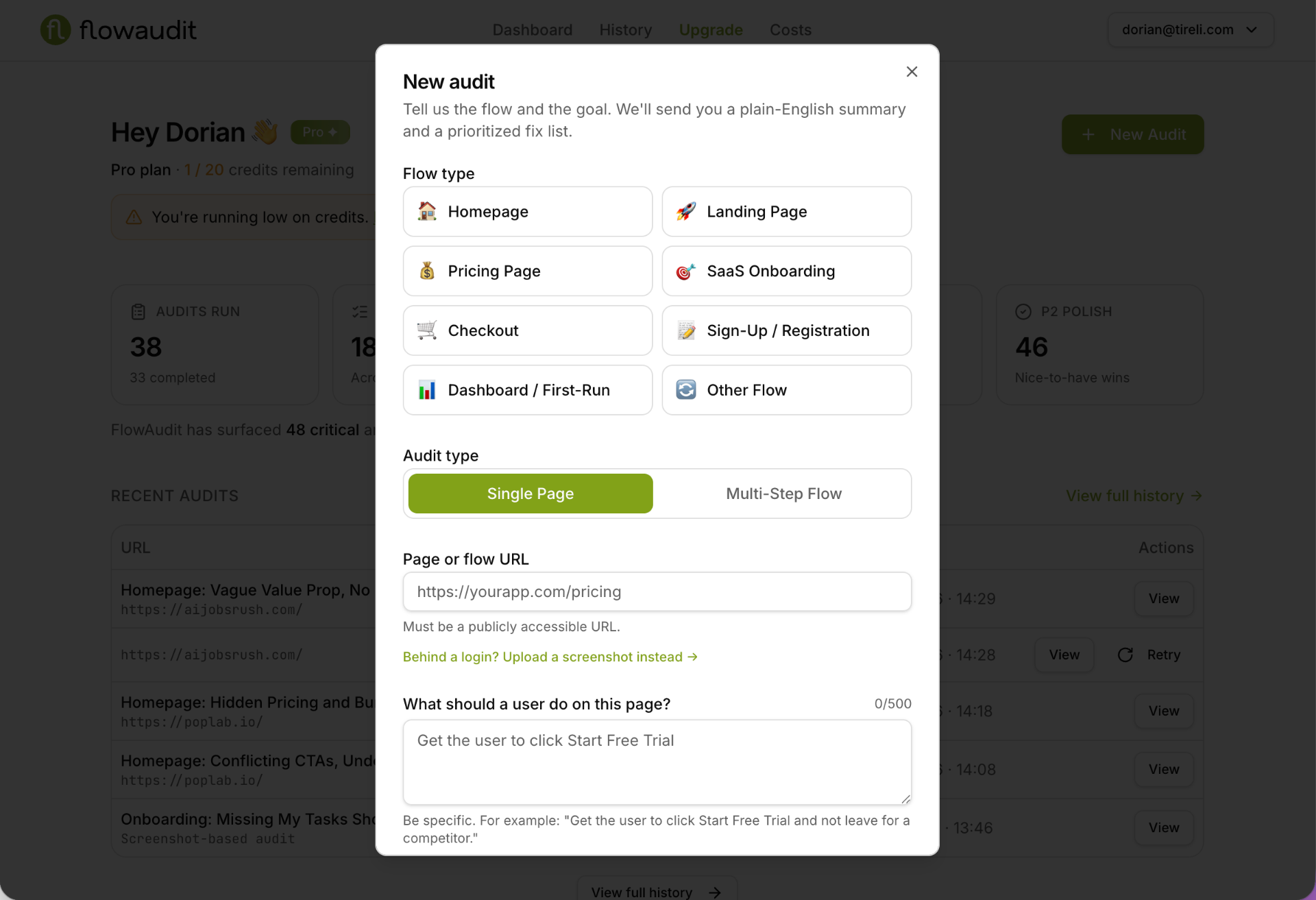 FlowAudit new audit form: choose a flow type, paste a URL, and describe the goal.