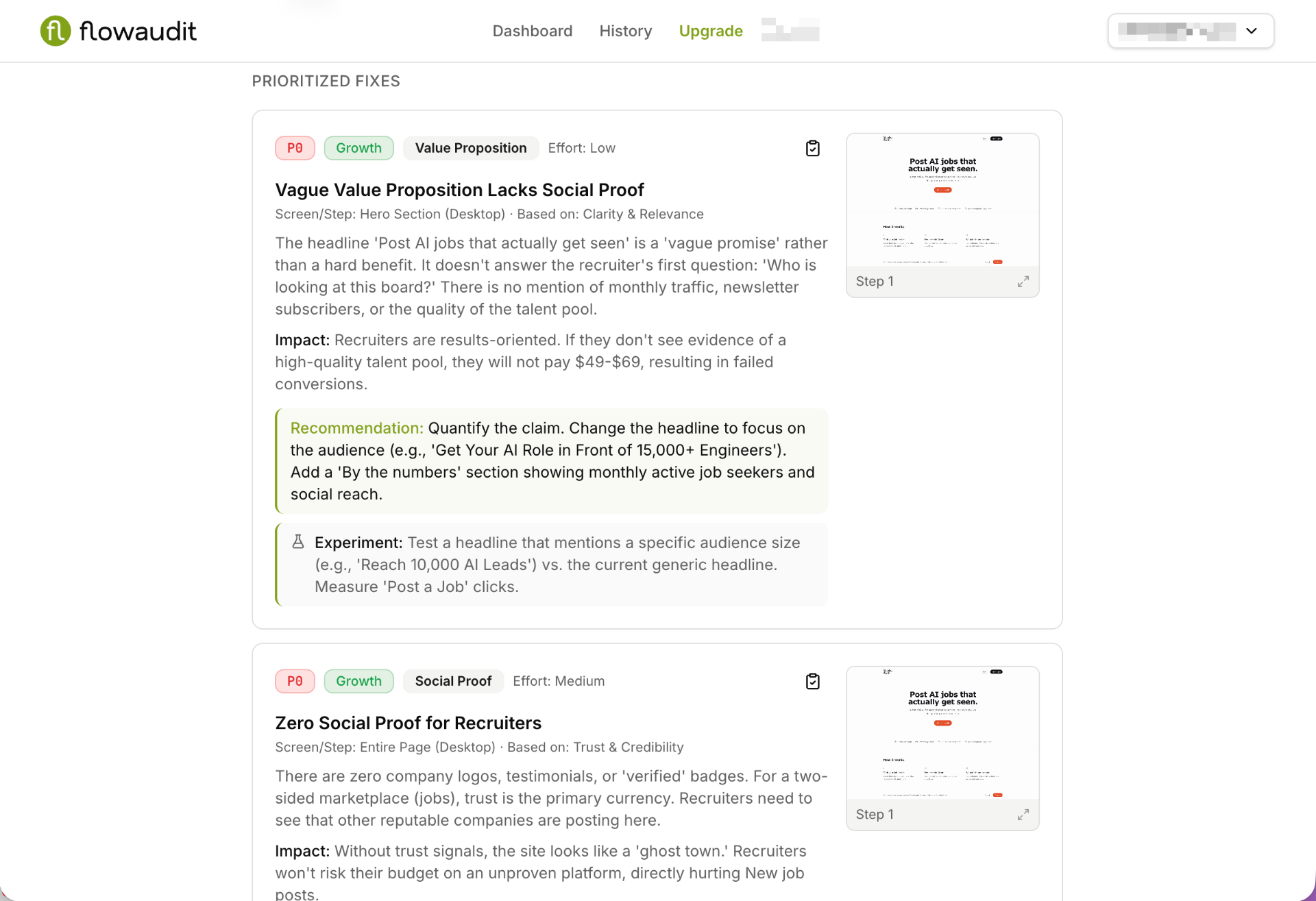 FlowAudit prioritized fixes list with severity, recommendation, and experiment details.